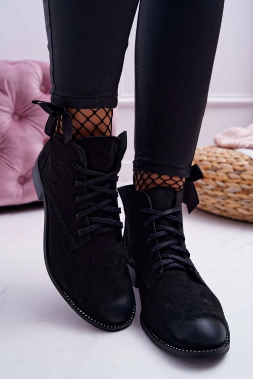 Botki Damskie Płaski Obcas Nubuk Czarne Nicole 2420
