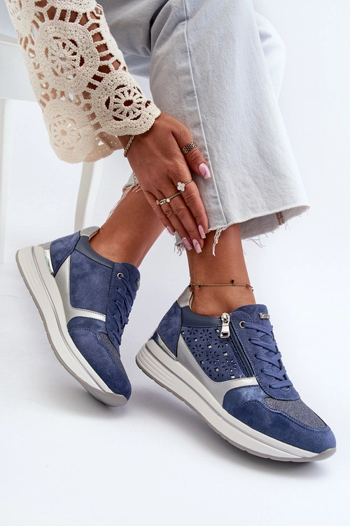 Sneakersy Damskie Na Platformie Z Ażurowym Wzorem I Brokatem INBLU IN000372 Niebieskie