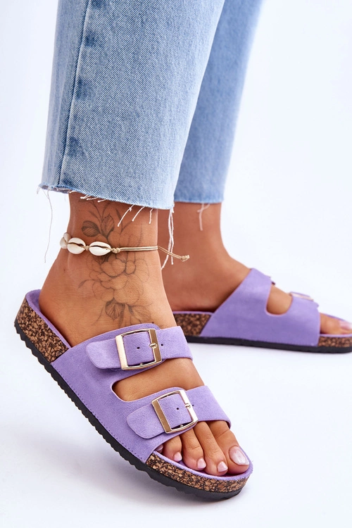 Damskie Klapki Na Korkowej Platformie Z Paskami Fioletowe Doretta