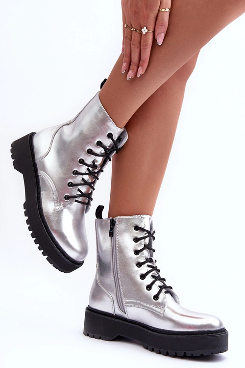 Skórzane Metaliczne Botki Workery Srebrne Teflorna