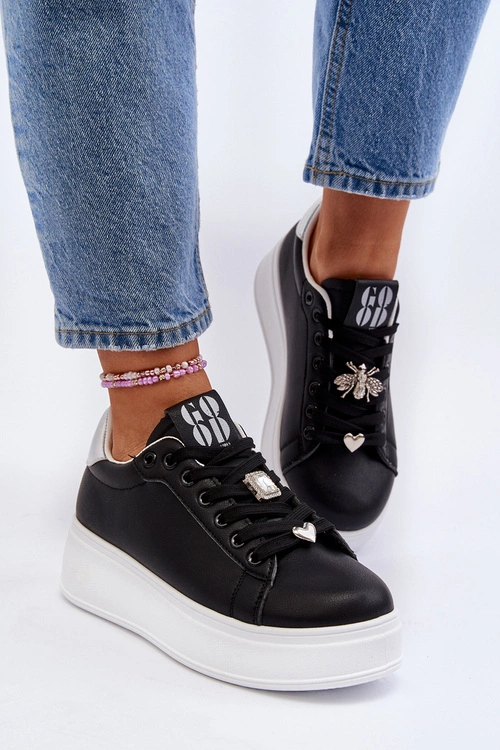 Sneakersy Damskie Na Platformie Z Ozdobami Czarne Herbisa