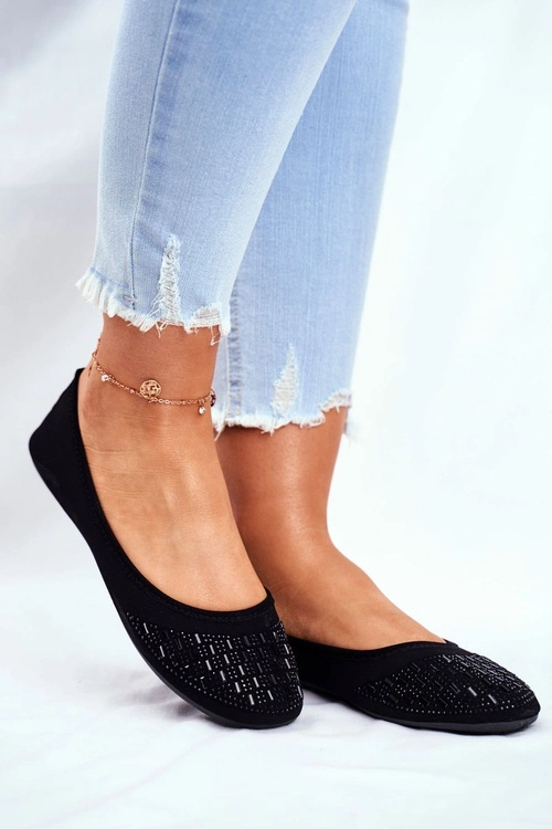 Baleriny Damskie Czarne z Cyrkoniami Amantero