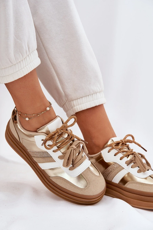 Sneakersy Damskie Na Platformie Z Podwójnym Sznurowaniem Panterka Złote Niteria