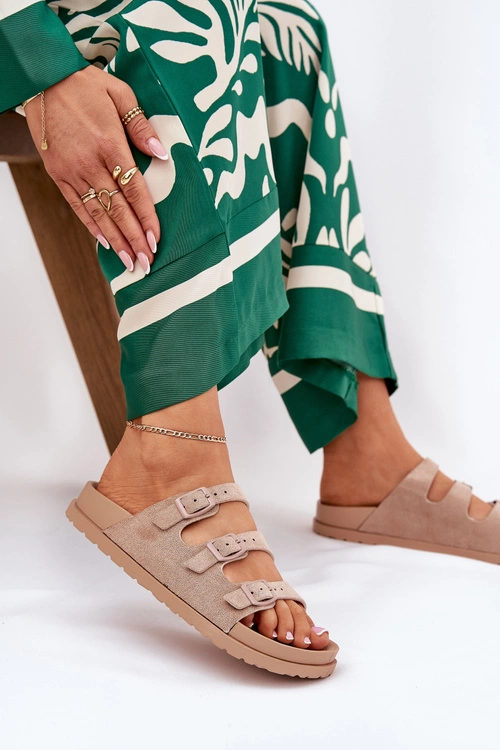 Klapki Damskie Z Paskami I Klamrami Beżowe Uliri