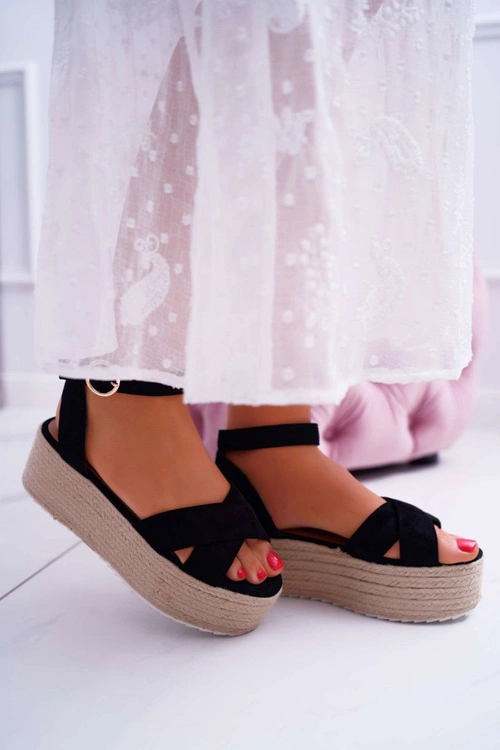 Sandały Damskie Na Platformie Lniane Czarne Dafostre