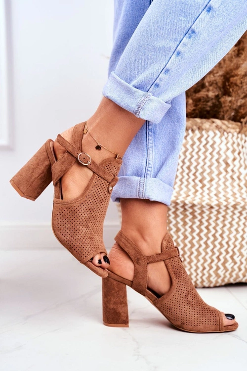 Sandały Damskie Na Słupku Ażurowe Brązowe Kira