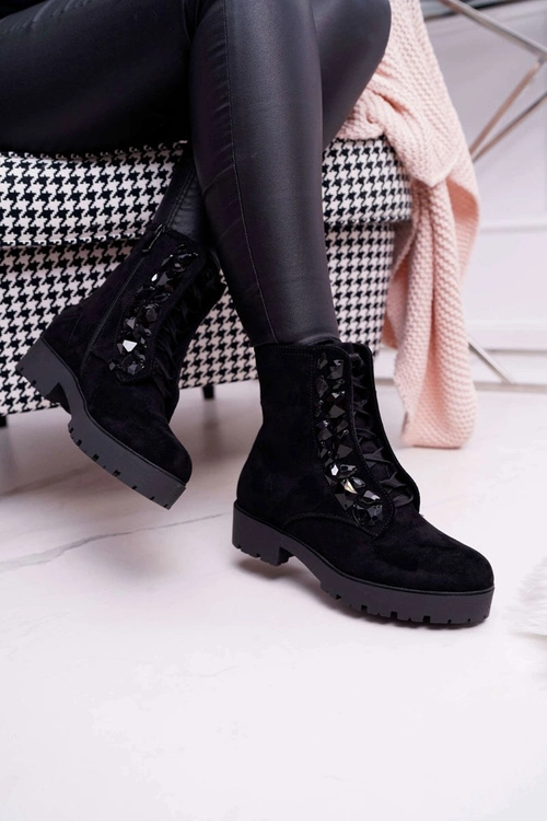 Damskie Botki Ciepłe Zamszowe Czarne Gerta