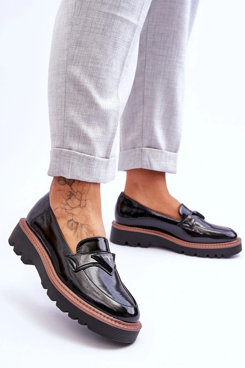 Lakierowane Damskie Mokasyny Na Platformie Z Ozdobą Czarne Jonett