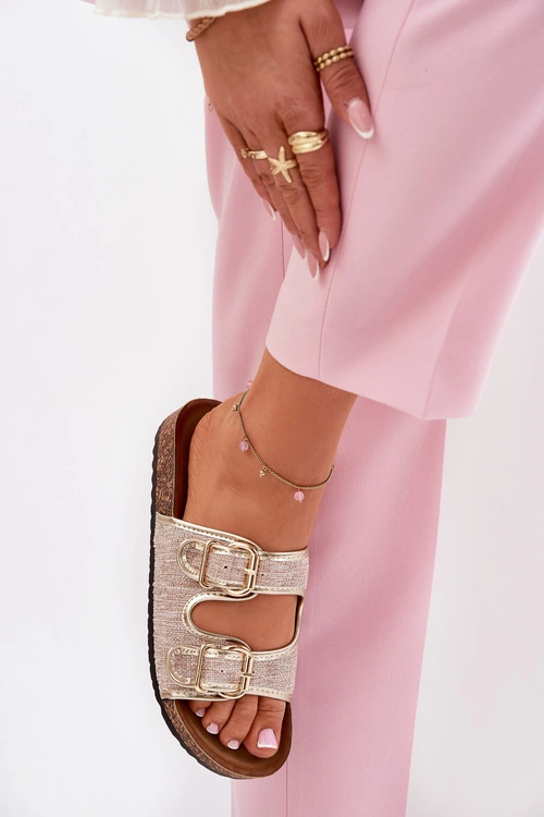 Materiałowe Klapki Damskie Na Korkowej Platformie Z Klamrami Złote Osoffe