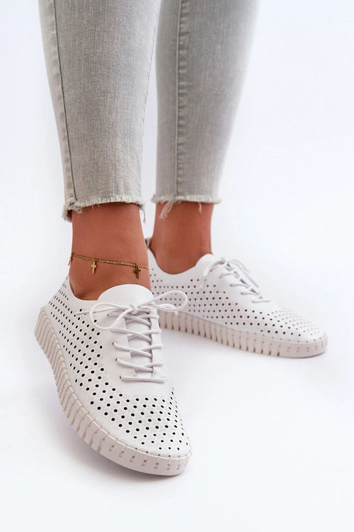 Skórzane Damskie Trampki Z Ażurowym Wzorem Białe Ilvima