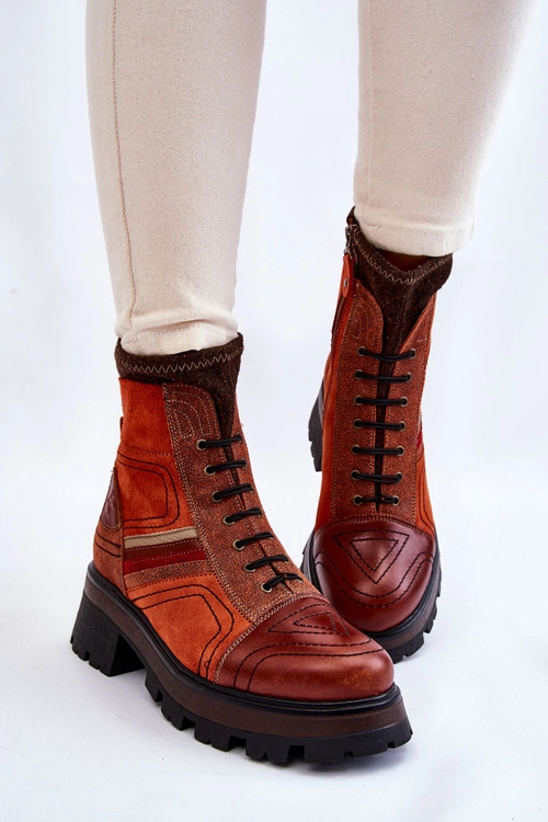 Damskie Skórzane Botki Na Płaskim Obcasie Maciejka 05624-08 Pomarańczowo-Brązowe