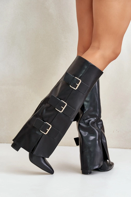 Ocieplane Kozaki Damskie Na Słupku Z Wywiniętą Cholewką I Klamrami Czarne Piregonia