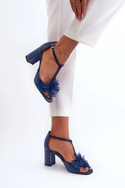 Sandały Skórzane Na Słupku Z Ozdobą Laura Messi 2758 Granatowe