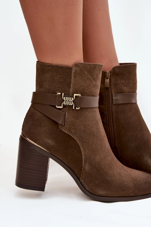 Botki Damskie Z Naturalnego Zamszu Na Słupku Ocieplane Sergio Leone BT25384-S Khaki