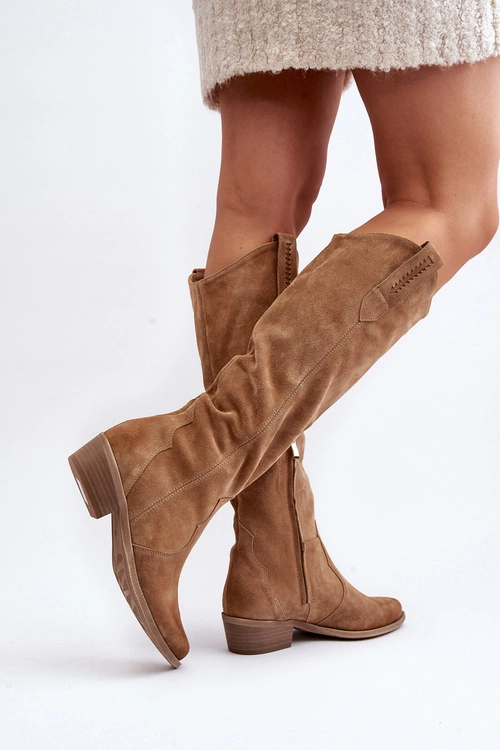 Zazoo 3427 Damskie Zamszowe Kozaki Kowbojki Beżowe