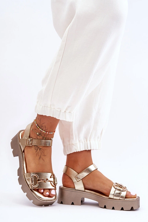 Damskie Skórzane Sandały Z Ozdobą Złote Emori