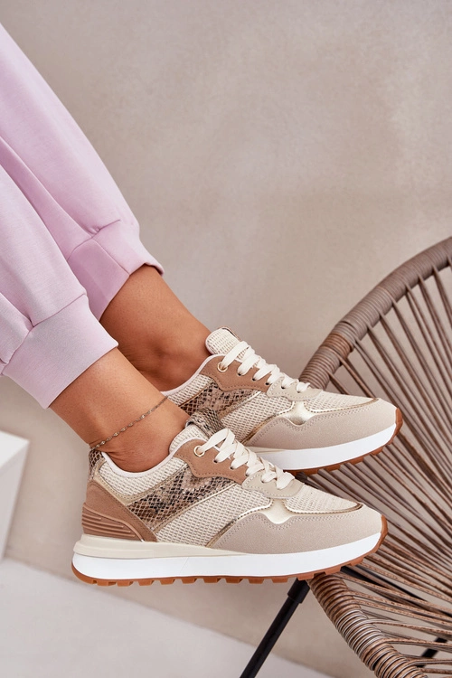 Buty Sportowe Damskie Na Platformie Zwierzęcy Wzór Beżowe Davinara