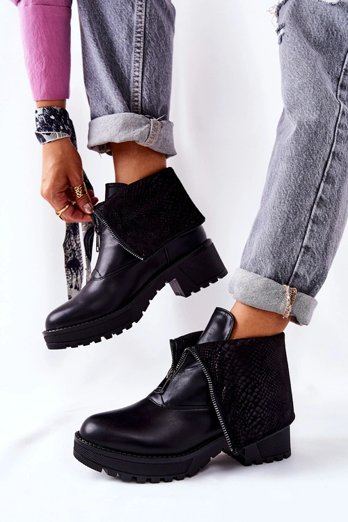 Skórzane Botki Na Obcasie Czarne Challonte