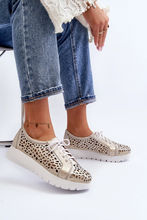 Zazoo 2821 Skórzane Półbuty Damskie Ażurowe Złote