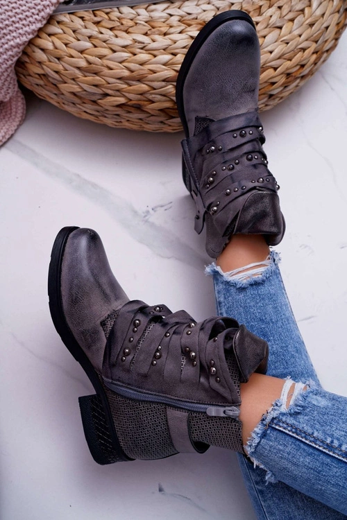 Damskie Botki Płaski Obcas Ciepłe Szare Debra