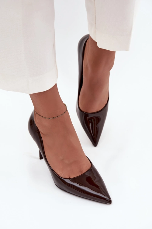 Lakierowane Eko Skórzane Szpilki Damskie Ze Szpiczastymi Noskami Czekoladowe Jadira