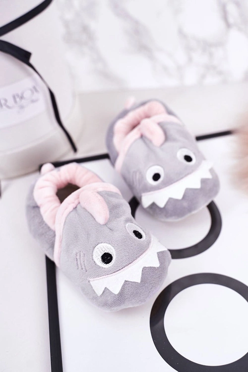 Dziecięce Ocieplane Welurowe Papcie Szare Monster