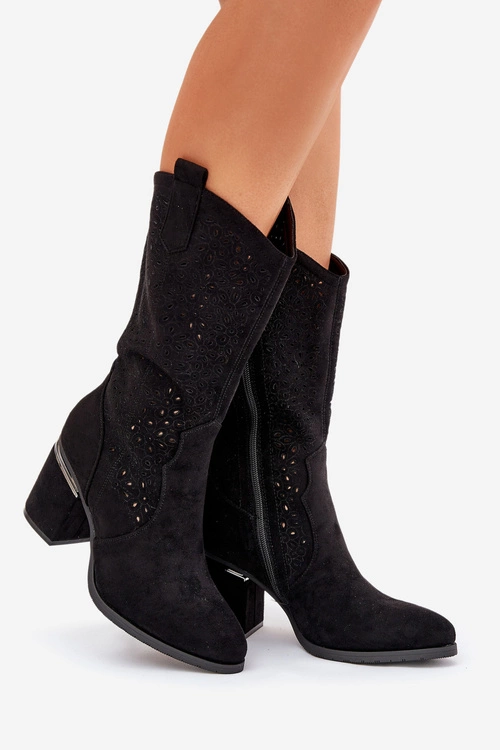 Ażurowe Kozaki Kowbojki Do Połowy Łydki S.Barski HY51-238 Czarne