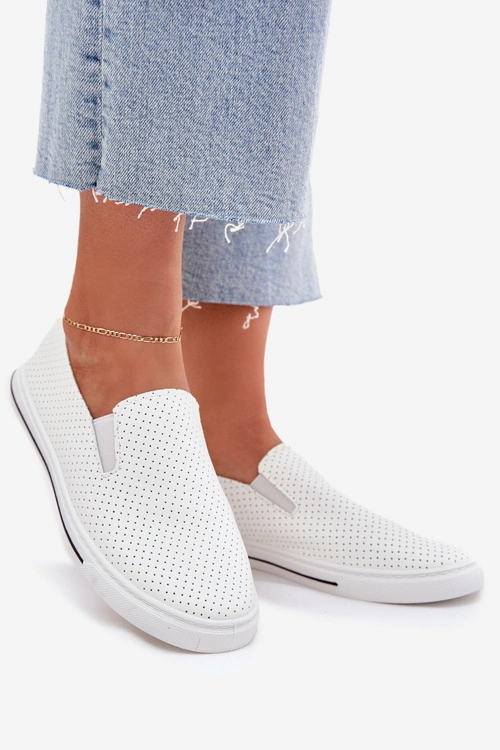 Wsuwane Eko Skórzane Damskie Tenisówki Trampki Z Napisem Białe Zalinne