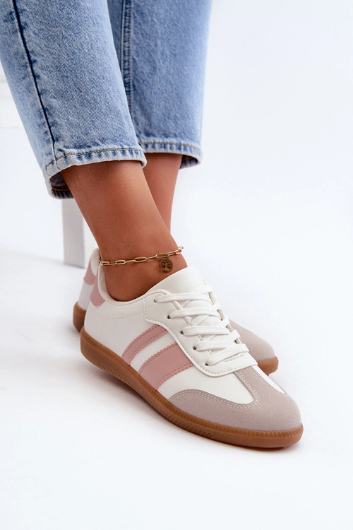 Damskie Niskie Eko Skórzane Sneakersy Biało-Różowe Relialia