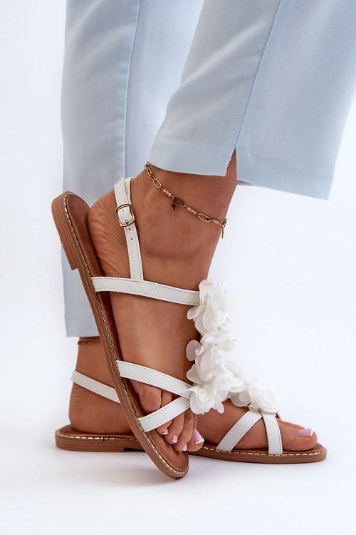 Sandały Damskie Płaskie Ozdobione Kwiatkami Białe Abidina