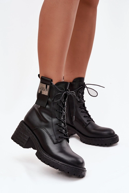 Skórzane Botki Workery Damskie Na Klocku Z Ozdobnym Detalem Artiker 57C0214 Czarne