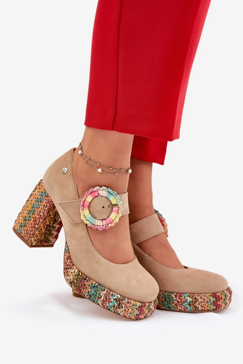 Zamszowe Czółenka Z Plecionką Na Słupku I Platformie Maciejka 06839-04 Beżowe