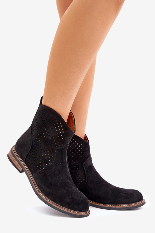 Ażurowe Botki Na Płaskim Obcasie Czarne Zinollia