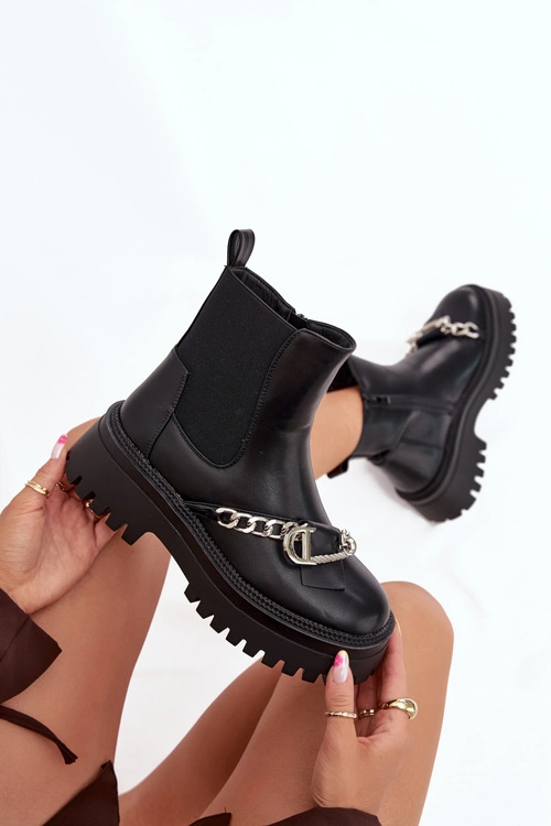 Botki Damskie Na Platformie Z Łańcuchem Czarne Marvella