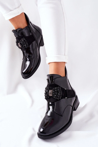 Botki Damskie Lakierowane Czarne Kryształy Schuler