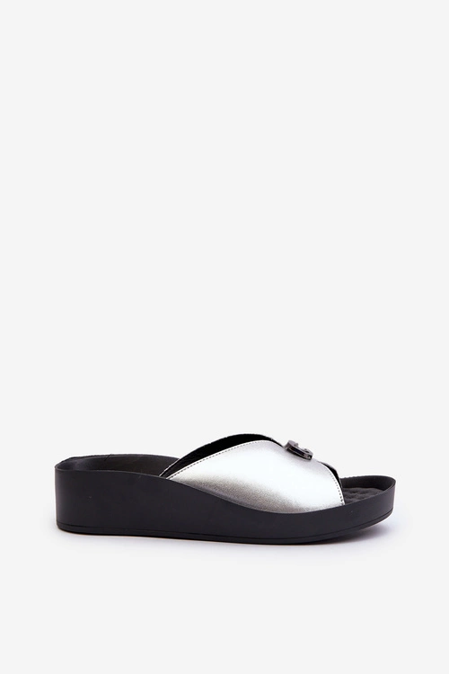 Skórzane Klapki Damskie Z Ozdobą Srebrne S.Barski KV27-027