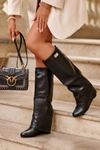 Skórzane Kozaki Przed Kolano Na Koturnie Czarne Rorezena