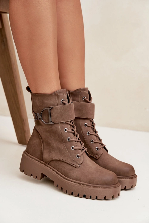 Botki Workery Damskie Z Ocieplane Z Ozdobnym Paskiem Ciemnobeżowe Ulivine