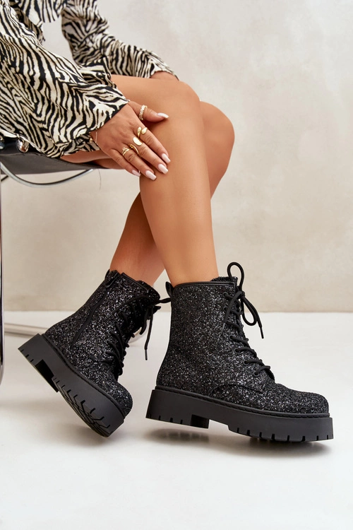 Ocieplane Botki Workery Damskie Ozdobione Cekinami Czarne Liatheine