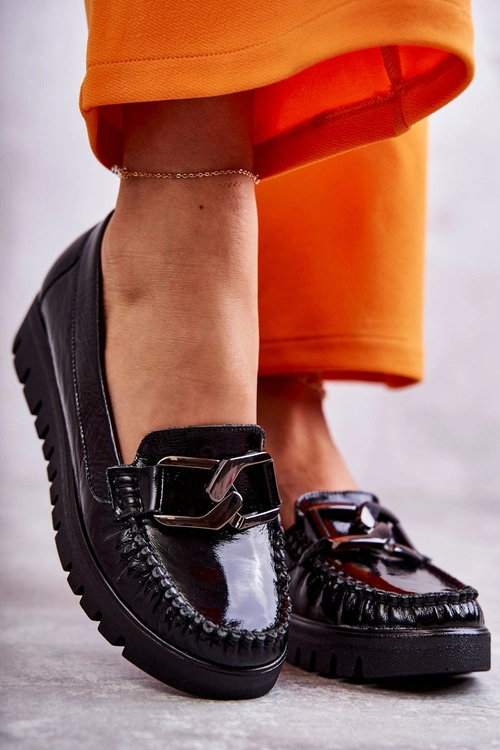 Damskie Skórzane Mokasyny Na Platformie Czarne Venesia