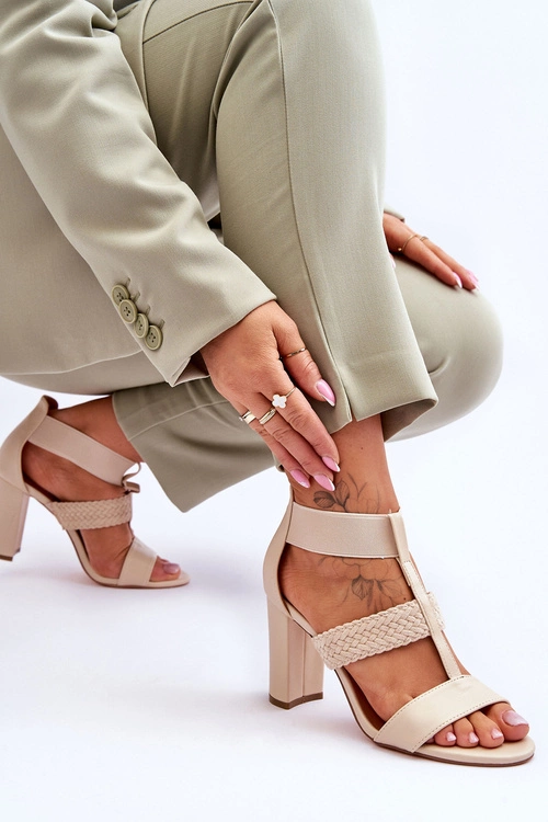 Skórzane Sandały Botki Na Obcasie Beżowe Marren