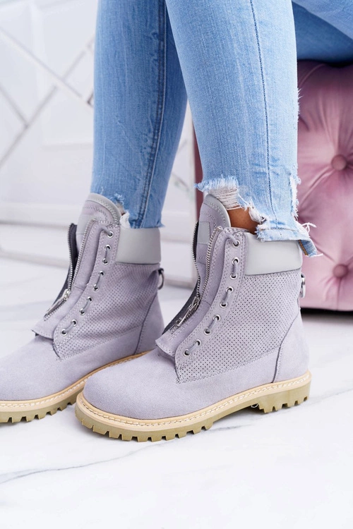 Lu Boo Damskie Szare Zamszowe Timberki Trapery Suwaki Nancy