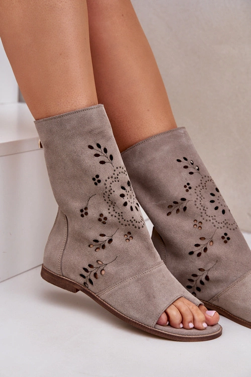 Zazoo 3437 Damskie Zamszowe Sandały Z Cholewką Na Zamek Beżowe