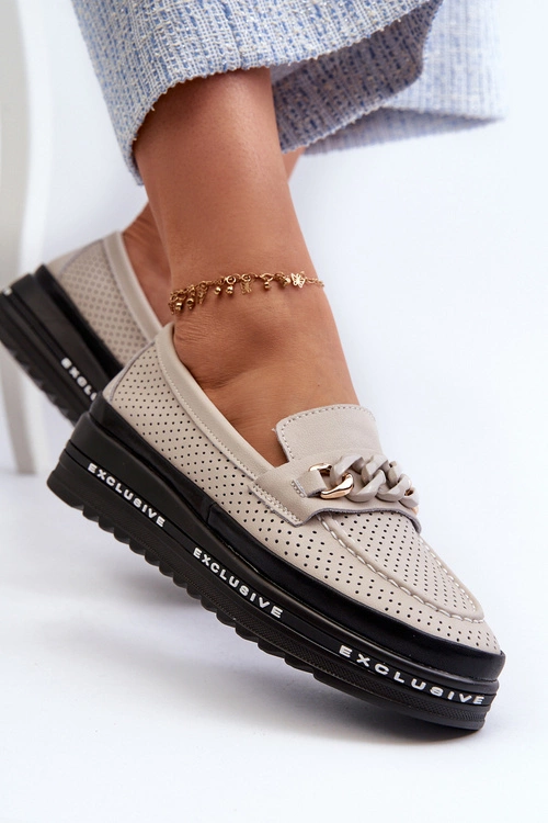 Mokasyny Damskie Skórzane Na Platformie Z Łańcuchem S.Barski LR618 Beżowe