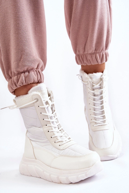 Damskie Sznurowane Botki Śniegowce Na Platformie Biało-Beżowe Anubi