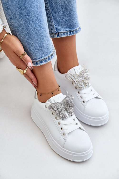 Sneakersy Damskie Na Platformie Z Motylem Biało-Srebrne Naritevia