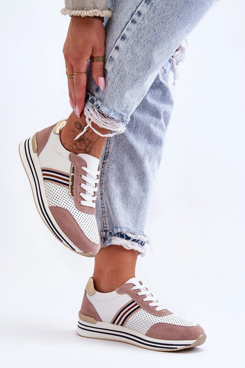 Skórzane Buty Sportowe S.Barski AL21575 Biało-Różowe