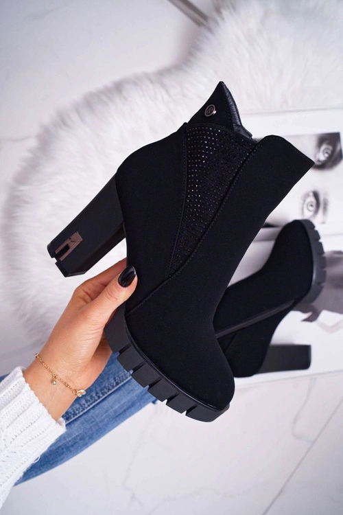 Botki Damskie na Słupku Platformie Z Cyrkoniami Czarne Deren