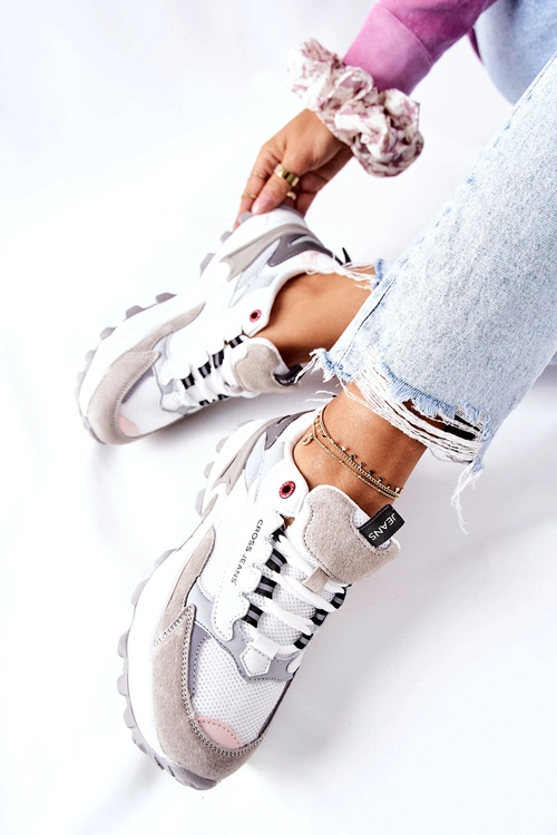 Sportowe Damskie Buty Cross Jeans Biało Szare II2R4020C