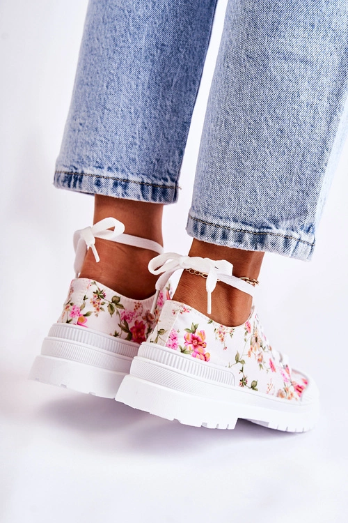 Niskie Trampki Wiązane W Kwiaty Białe Amissa